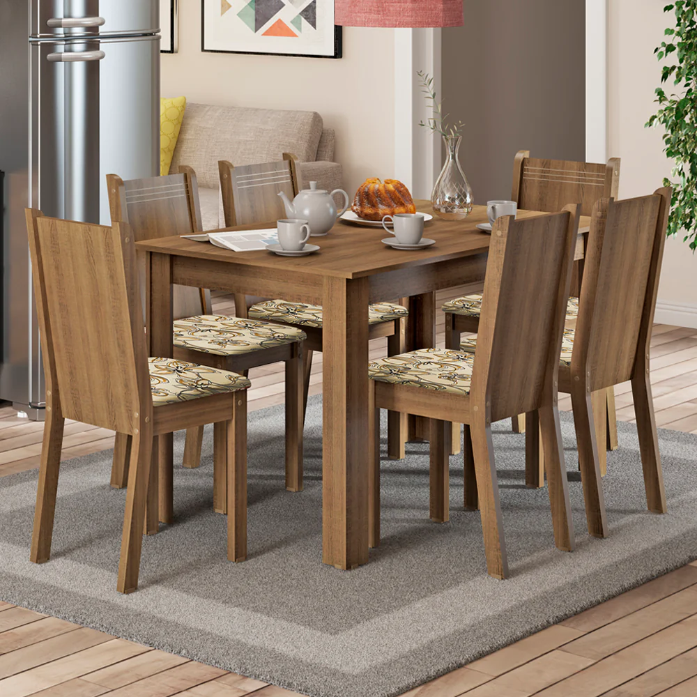 Conjunto Sala de Jantar Madesa Maris Mesa Tampo de Madeira com 6 Cadeiras Rustic/Lírio Bege