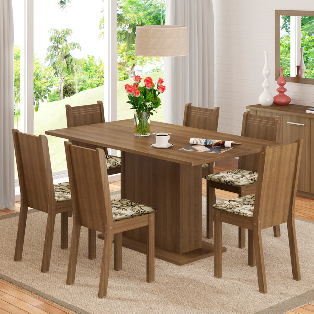 Conjunto Sala de Jantar Madesa Megan Mesa Tampo de Madeira com 6 Cadeiras Rustic/Lírio Bege