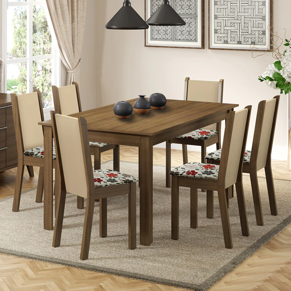 Conjunto Sala de Jantar Madesa Miriam Mesa Tampo de Madeira com 6 Cadeiras Rustic/Crema/Floral Hibiscos