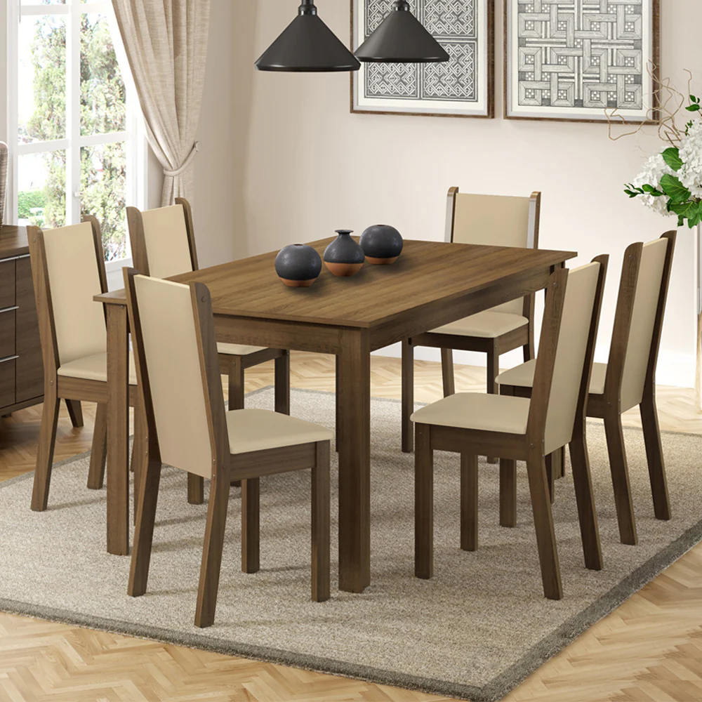 Conjunto Sala de Jantar Madesa Miriam Mesa Tampo de Madeira com 6 Cadeiras Rustic/Crema/Sintético Bege