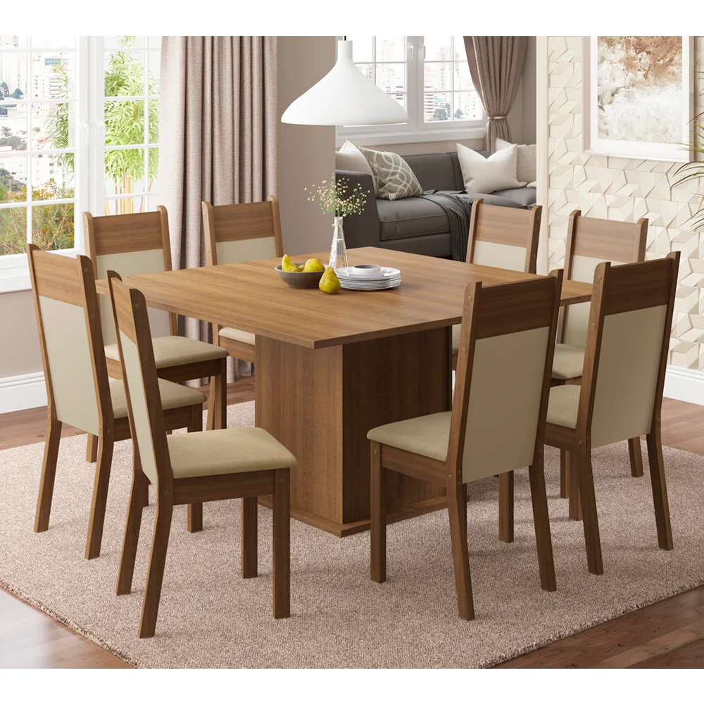 Conjunto Sala de Jantar Madesa Panamá Mesa Tampo de Madeira com 8 Cadeiras Rustic/Crema/Sintético Bege