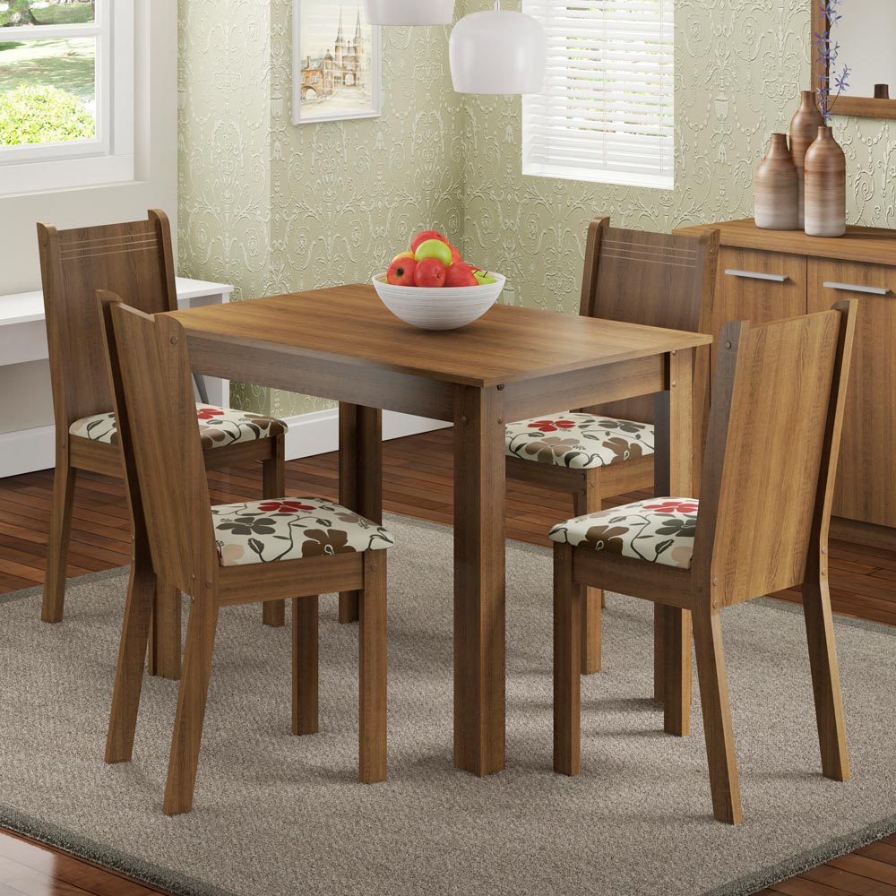 Conjunto Sala de Jantar Madesa Rute Mesa Tampo de Madeira com 4 Cadeiras Rustic/Floral Hibiscos