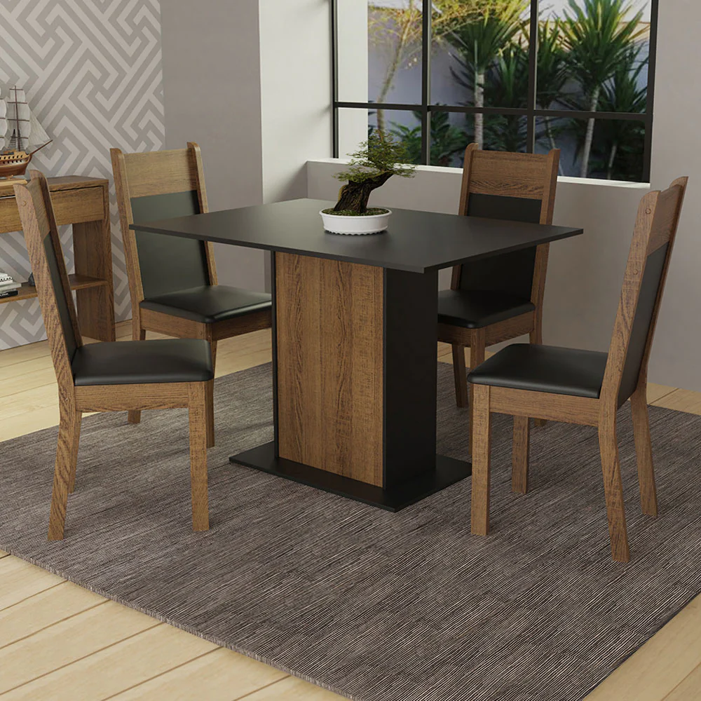 Conjunto Sala de Jantar Madesa Sheila Mesa Tampo de Madeira com 4 Cadeiras Rustic/Preto