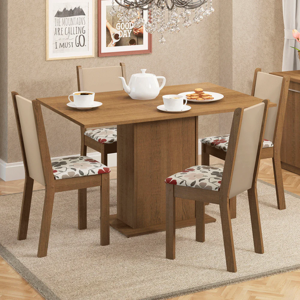 Conjunto Sala de Jantar Madesa Talita Mesa Tampo de Madeira com 4 Cadeiras Rustic/Crema/Floral Hibiscos