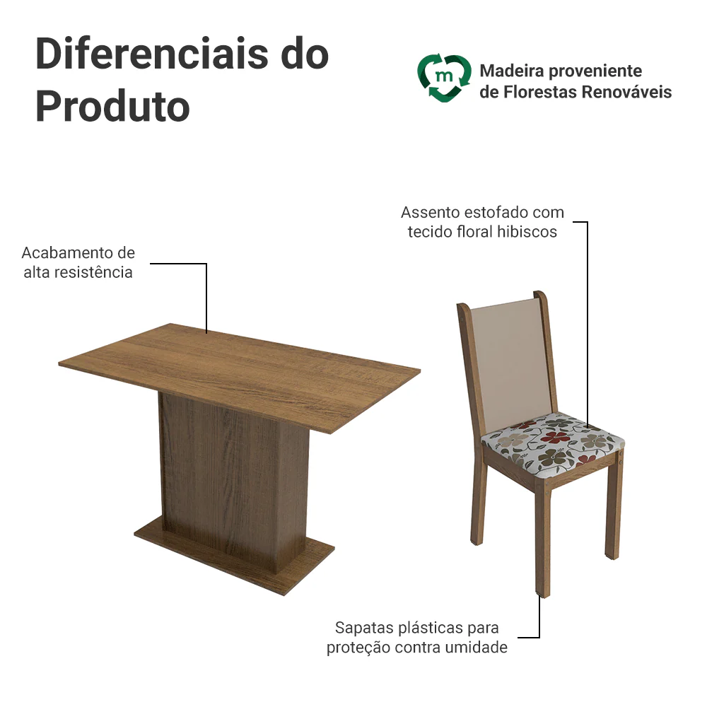 Conjunto Sala de Jantar Madesa Talita Mesa Tampo de Madeira com 4 Cadeiras Rustic/Crema/Floral Hibiscos - Image 4