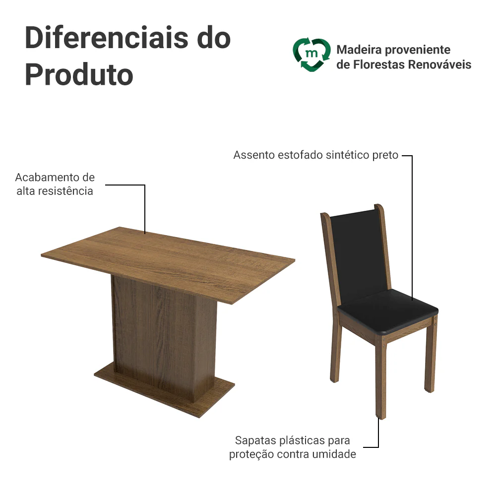 Conjunto Sala de Jantar Mesa Tampo de Madeira com 4 Cadeiras Rustic/Preto/Sintético Preto Talita Madesa - Image 4