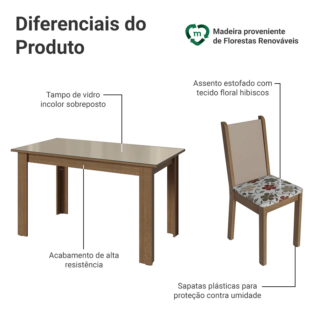 Conjunto Sala de Jantar Magnólia Mesa Tampo de Vidro 4 Cadeiras Rustic/Crema/Floral Hibiscos Madesa - Image 4