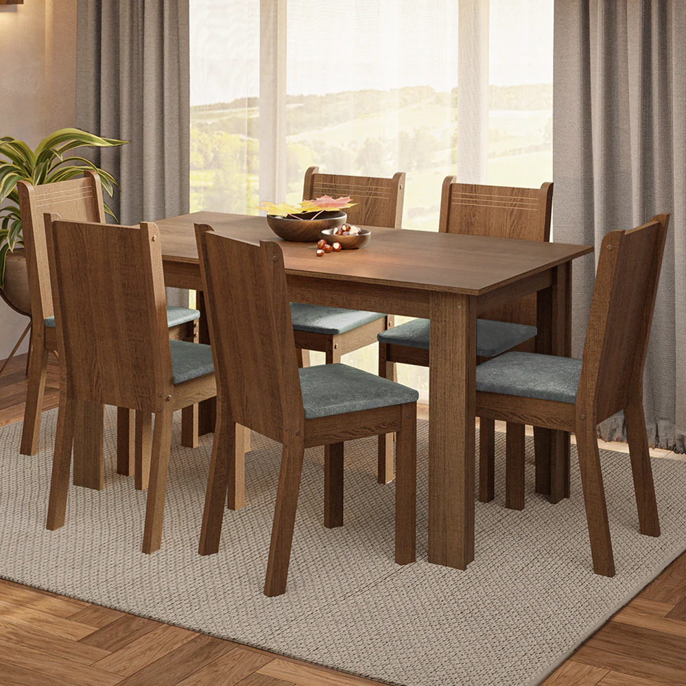 Conjunto Sala de Jantar Mesa Tampo de Madeira 6 Cadeiras Rustic/Silver Analu Madesa