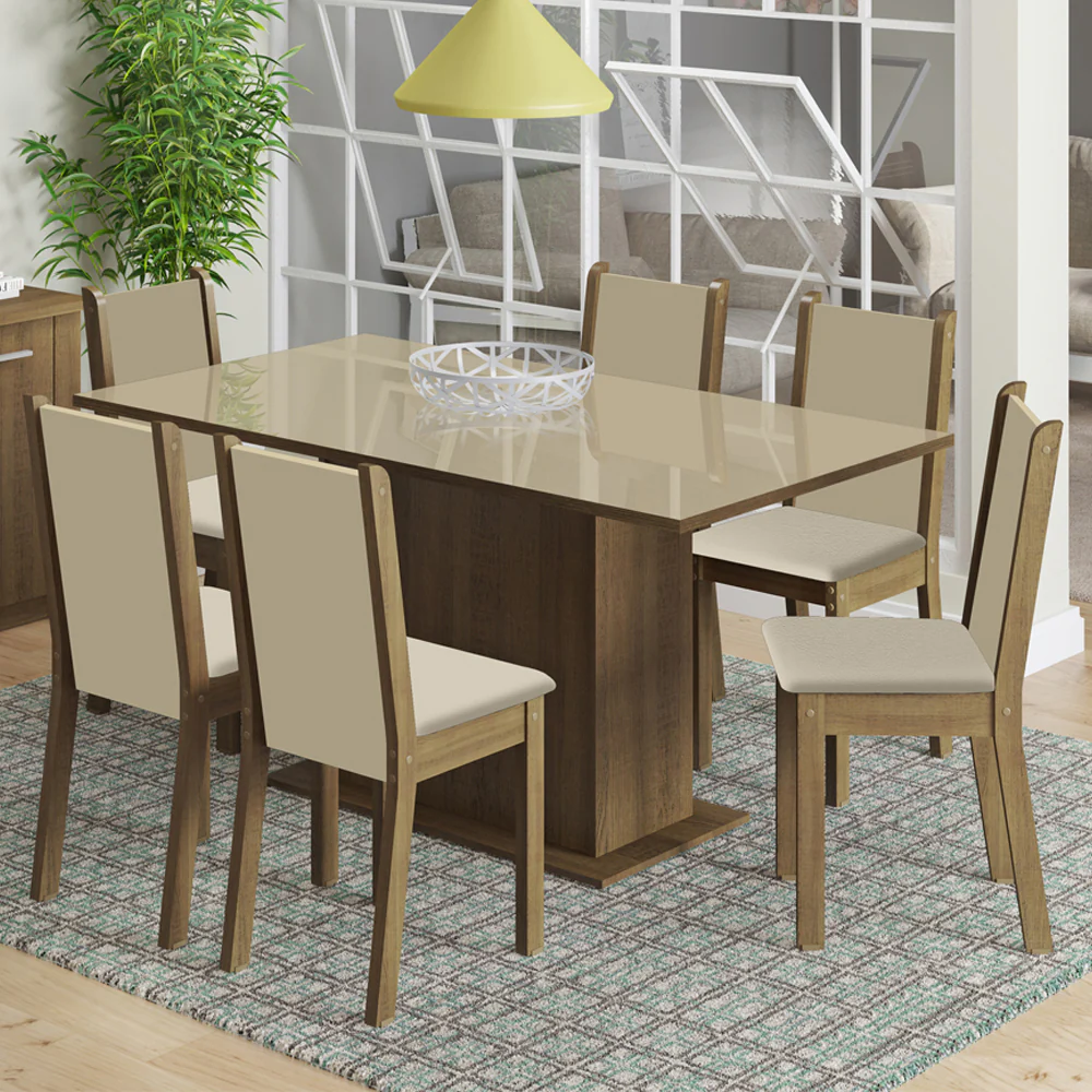 Conjunto Sala de Jantar Moscou Plus Madesa Mesa Tampo de Vidro com 6 Cadeiras Rustic/Crema/Sintético Bege