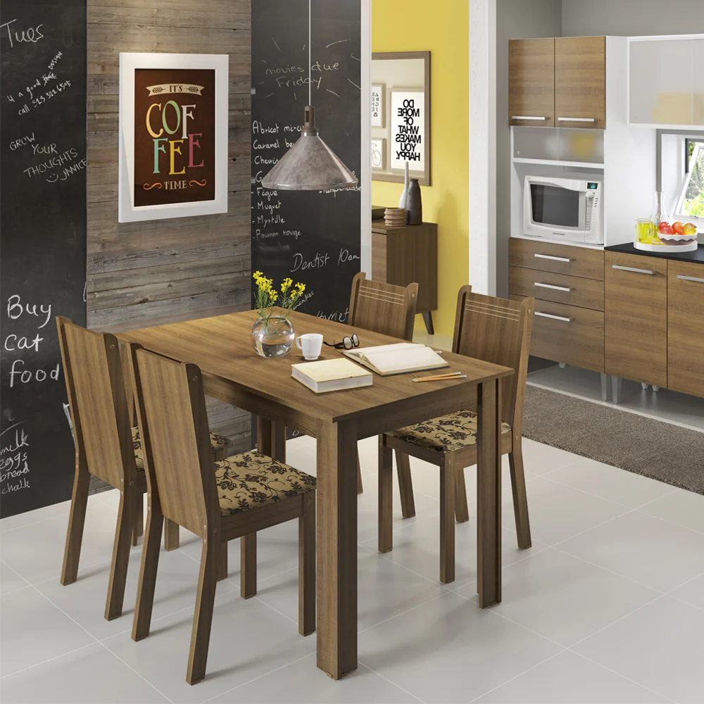 Conjunto Sala de Jantar Rosie Madesa Mesa Tampo de Madeira com 4 Cadeiras Rustic/Floral Bege Marrom