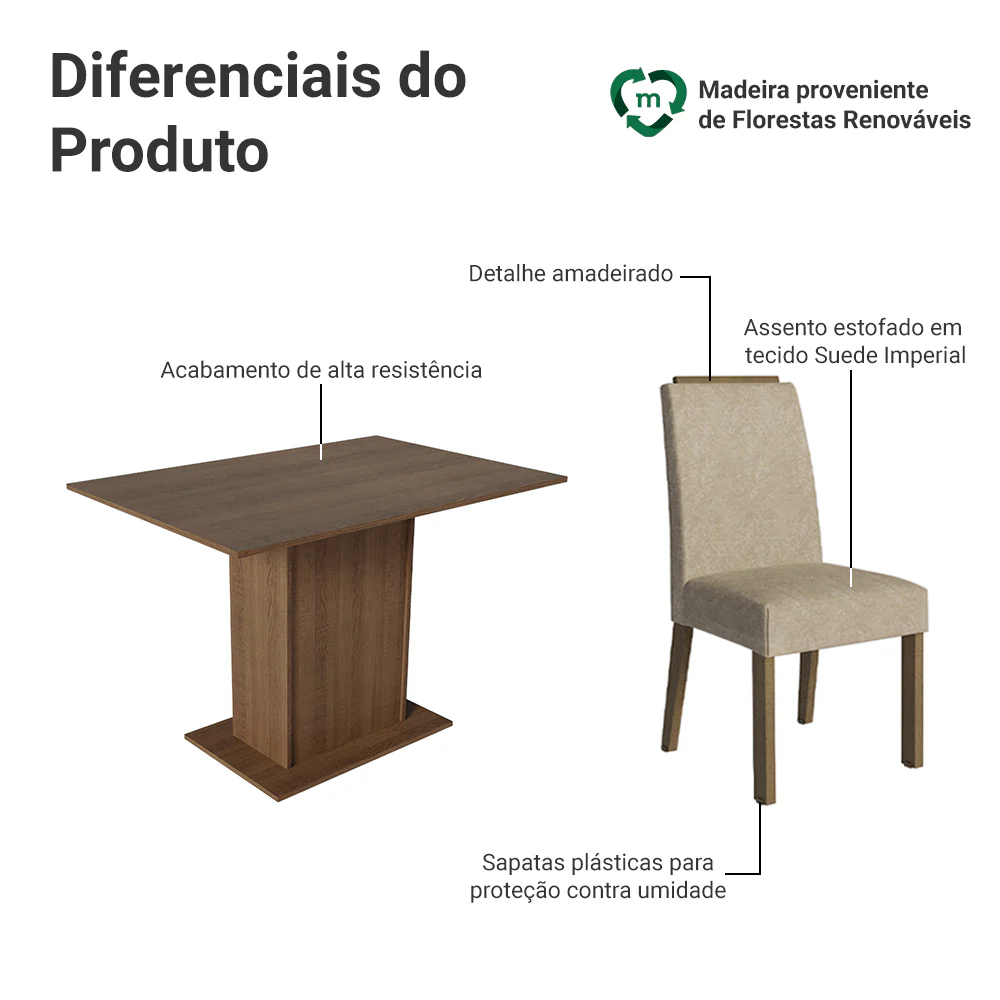 Conjunto Sala de Jantar Tampo de Madeira 4 Cadeiras Rustic/Imperial Acácia Madesa - Image 4