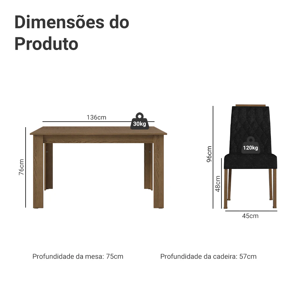 Conjunto Sala de Jantar Tampo de Madeira 4 Cadeiras Rustic/Oxford Hera Madesa - Image 3