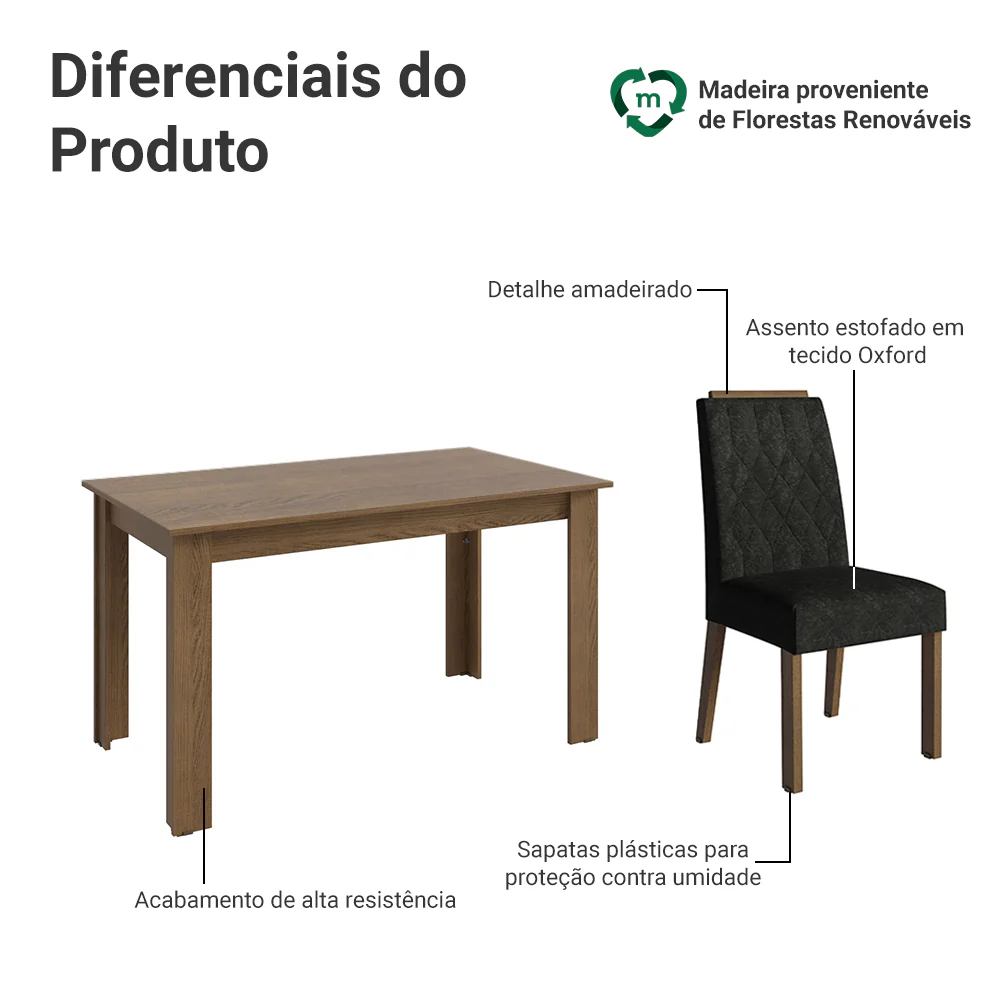 Conjunto Sala de Jantar Tampo de Madeira 4 Cadeiras Rustic/Oxford Hera Madesa - Image 4