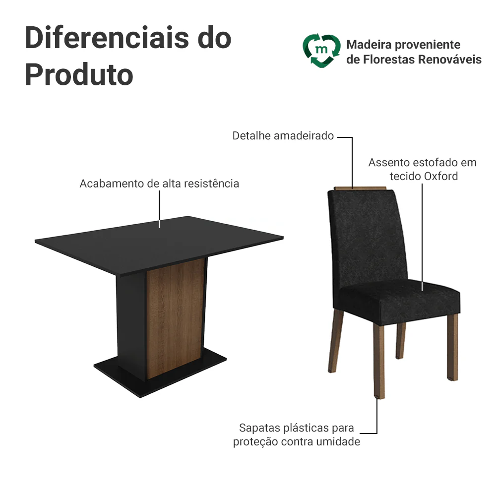 Conjunto Sala de Jantar Tampo de Madeira 4 Cadeiras Rustic/Preto/Oxford Acácia Madesa - Image 4