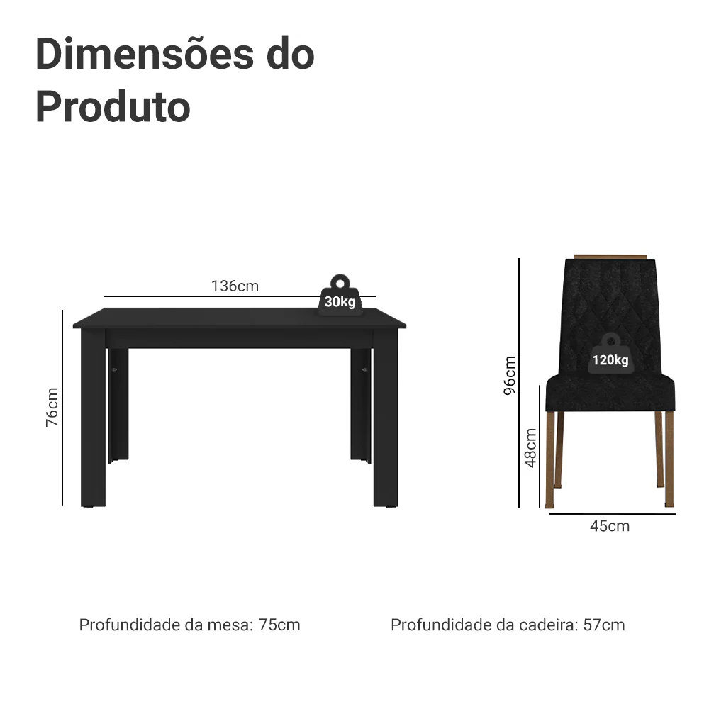 Conjunto Sala de Jantar Tampo de Madeira 4 Cadeiras Rustic/Preto/Oxford Hera Madesa - Image 3