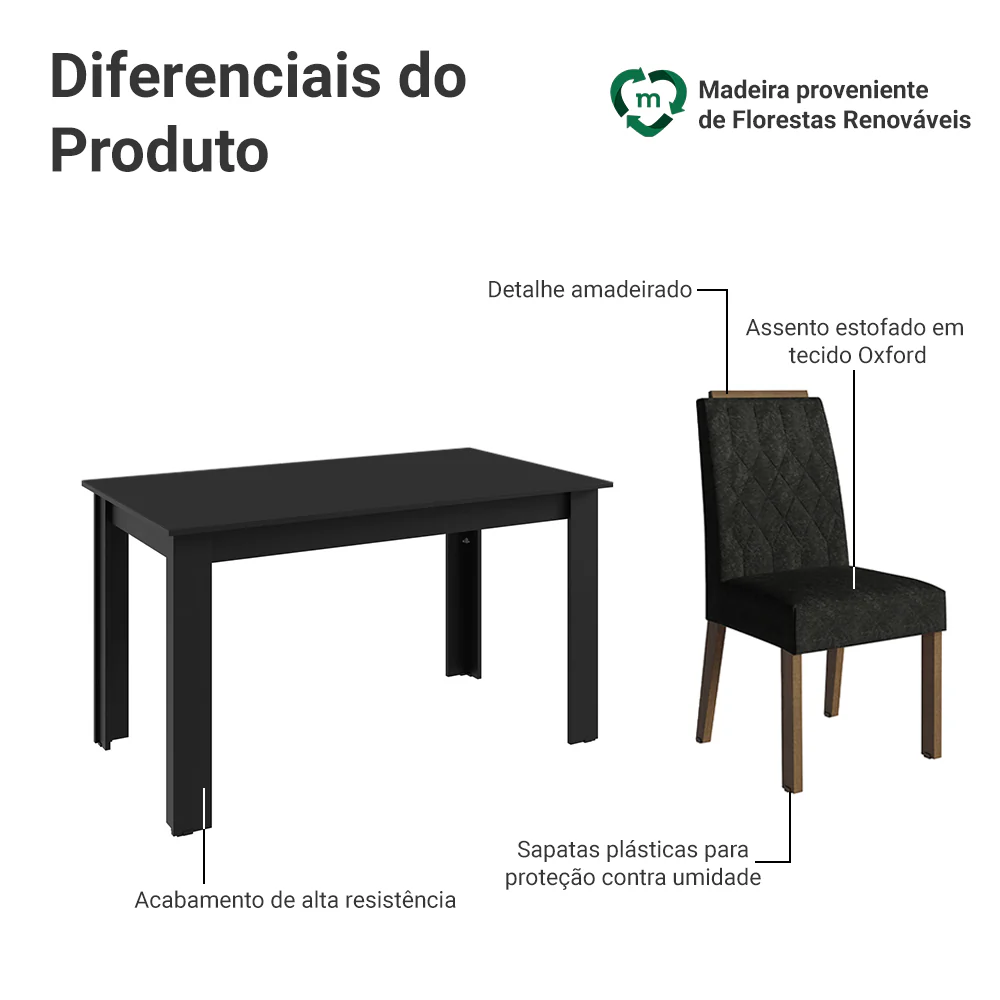 Conjunto Sala de Jantar Tampo de Madeira 4 Cadeiras Rustic/Preto/Oxford Hera Madesa - Image 4