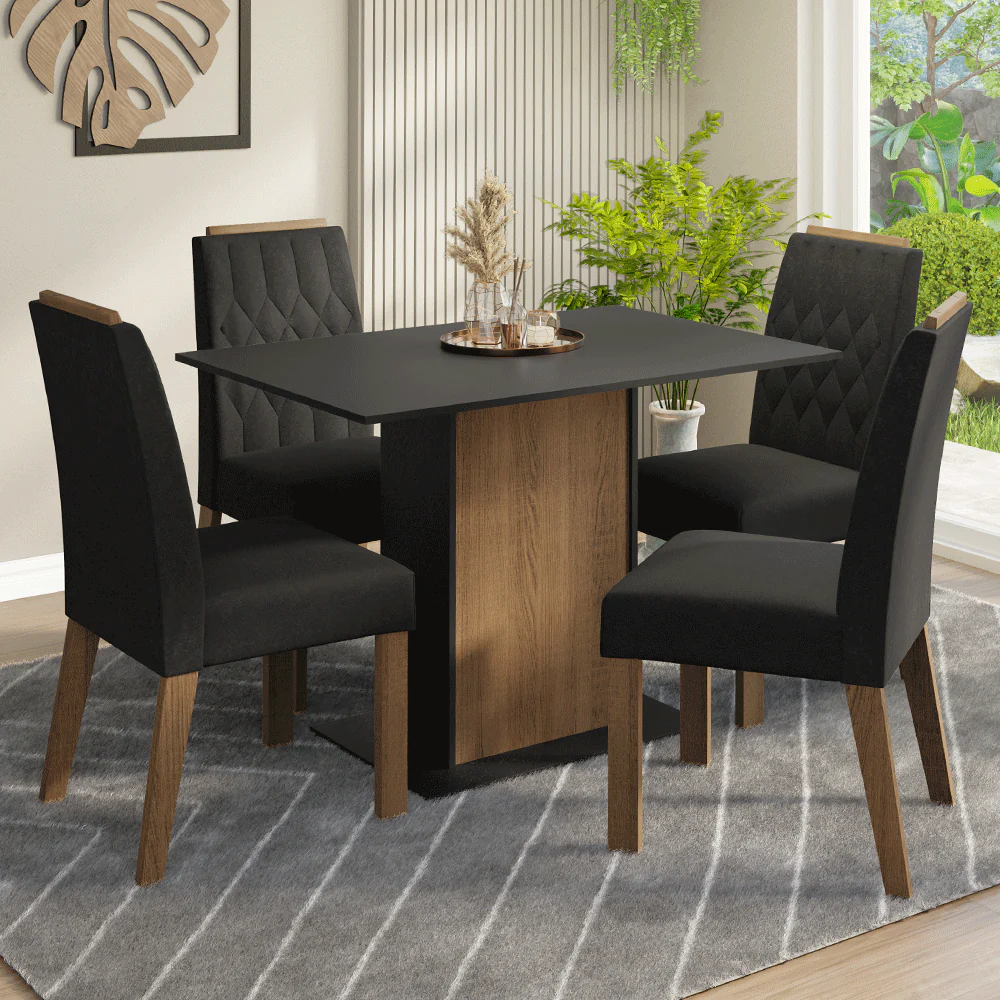 Conjunto Sala de Jantar Tampo de Madeira 4 Cadeiras Rustic/Preto/Oxford Romã Madesa