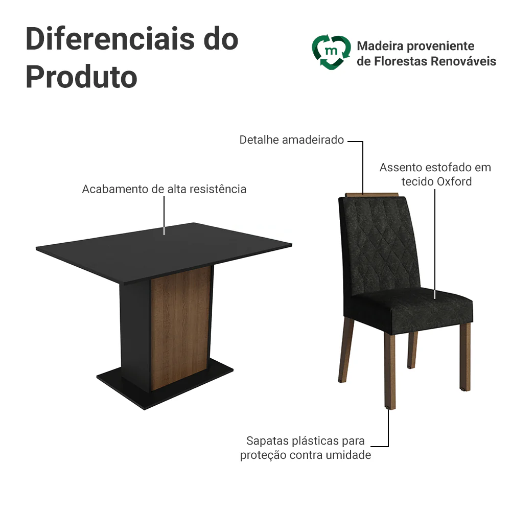Conjunto Sala de Jantar Tampo de Madeira 4 Cadeiras Rustic/Preto/Oxford Romã Madesa - Image 4