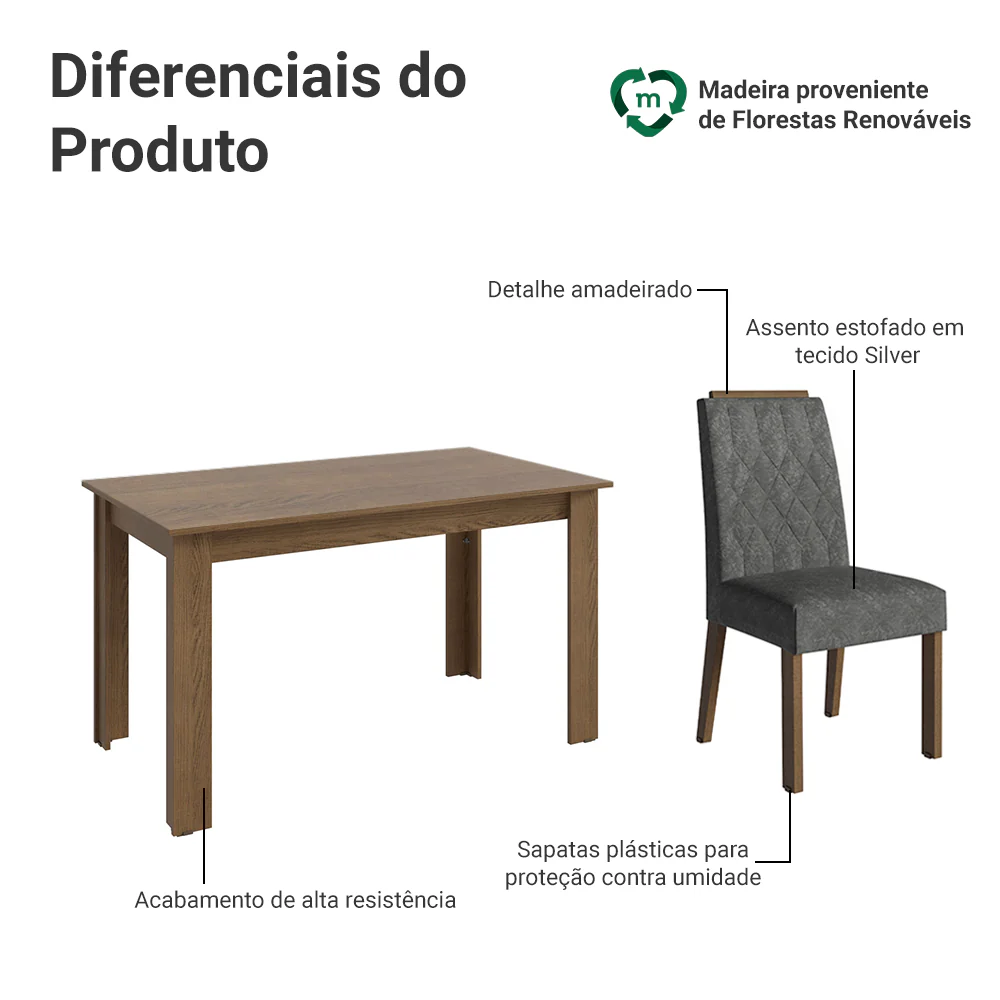 Conjunto Sala de Jantar Tampo de Madeira 4 Cadeiras Rustic/Silver Hera Madesa - Image 4