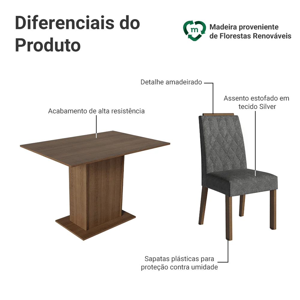 Conjunto Sala de Jantar Tampo de Madeira 4 Cadeiras Rustic/Silver Romã Madesa - Image 4
