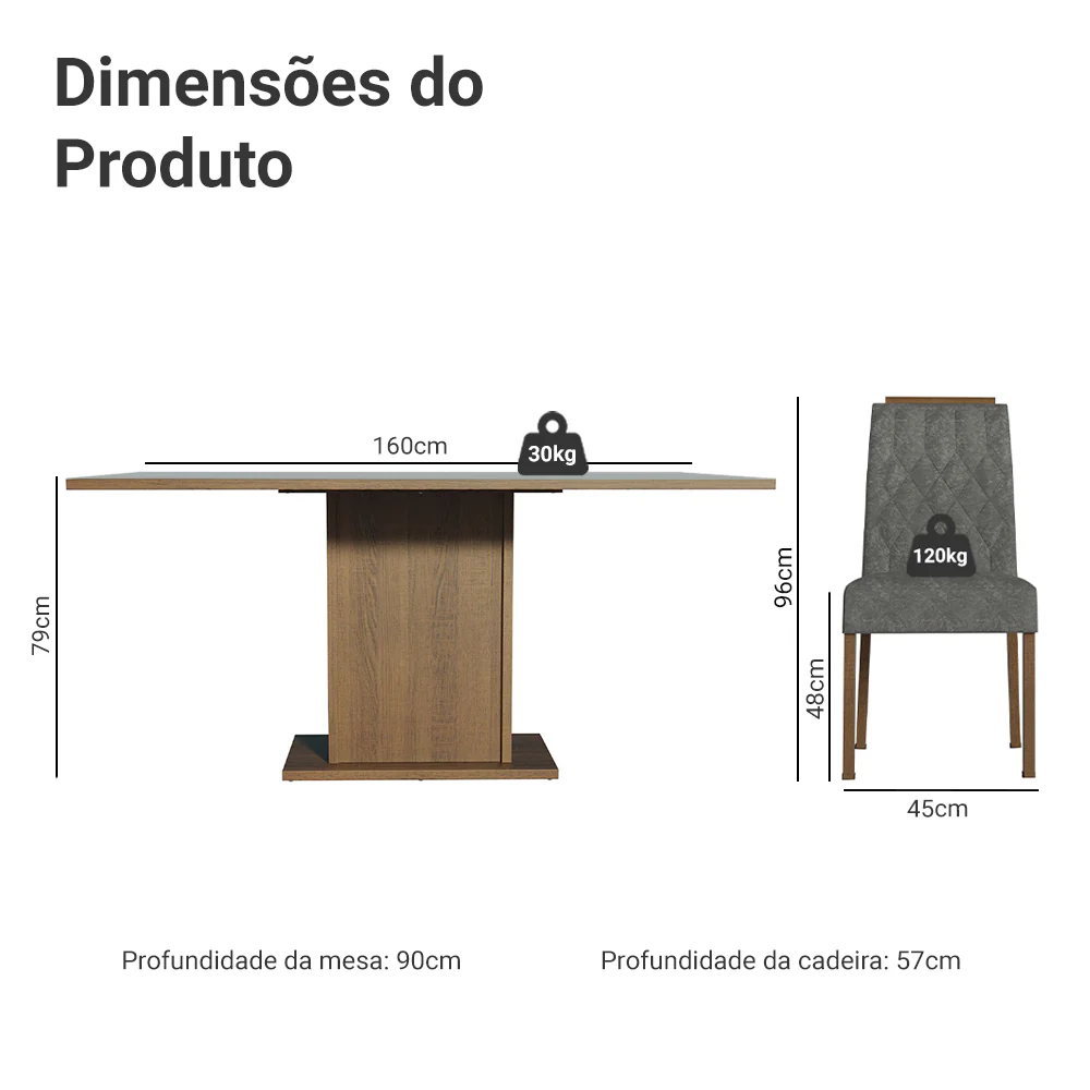 Conjunto Sala de Jantar Tampo de Madeira 6 Cadeiras Rustic/Cinza/Silver Bosque Madesa - Image 3