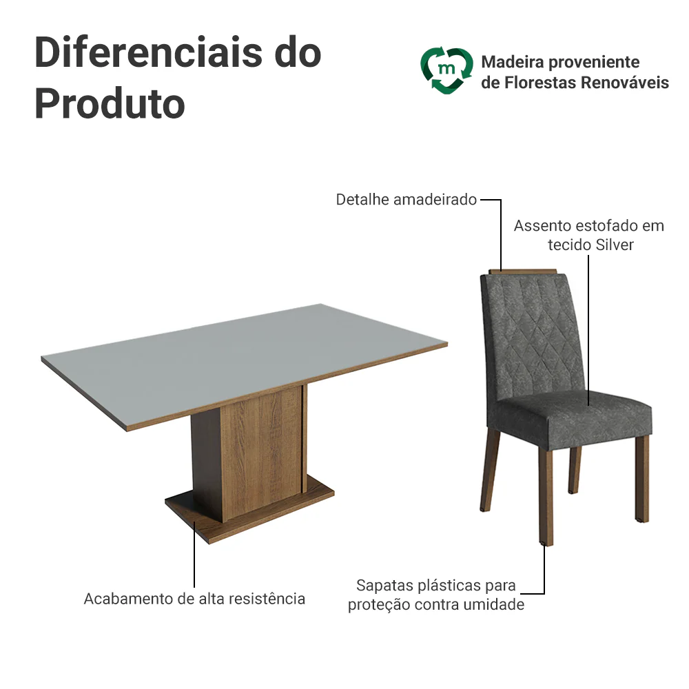 Conjunto Sala de Jantar Tampo de Madeira 6 Cadeiras Rustic/Cinza/Silver Bosque Madesa - Image 4