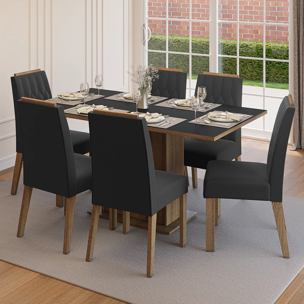 Conjunto Sala de Jantar Tampo de Madeira 6 Cadeiras Rustic/Preto/Oxford Bosque Madesa