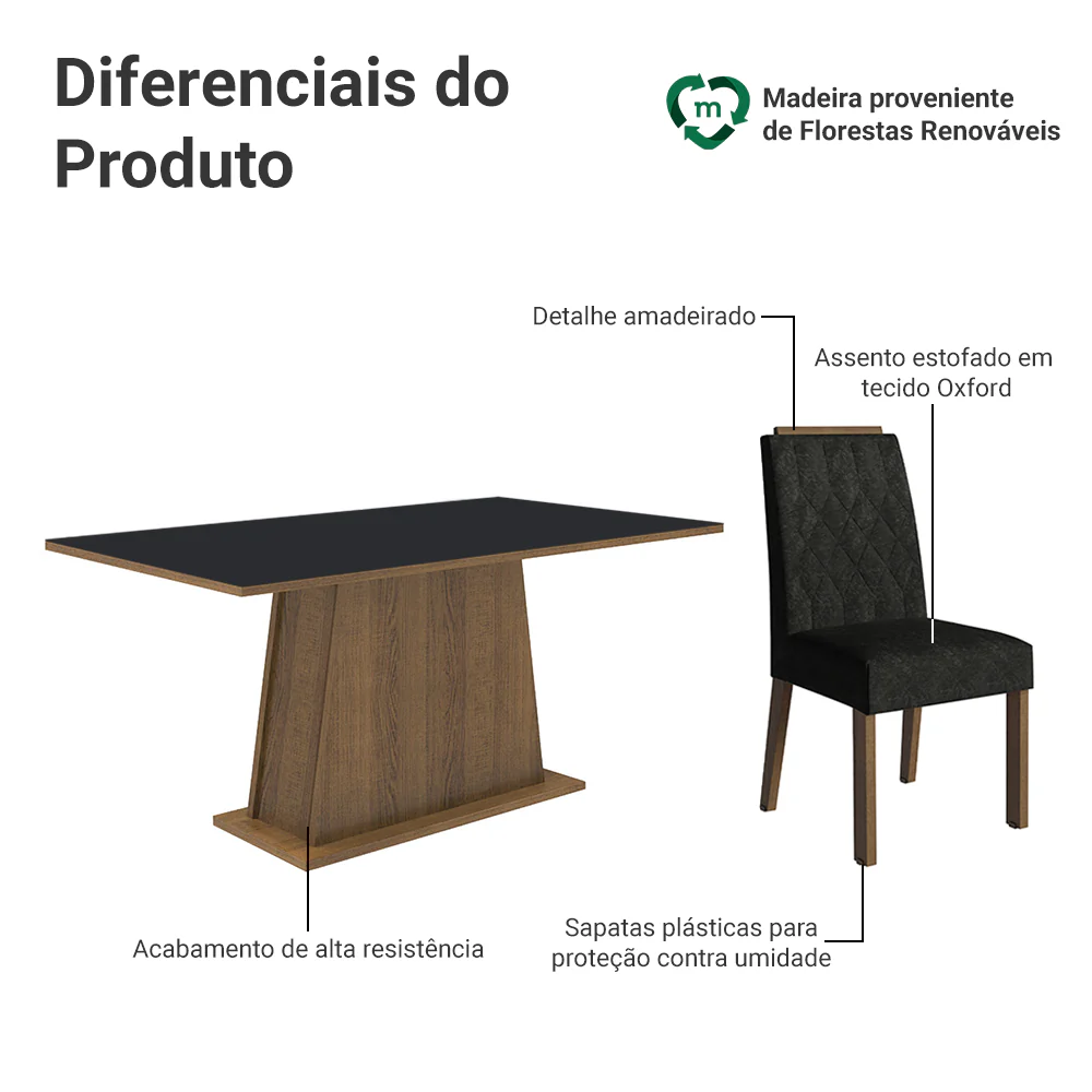 Conjunto Sala de Jantar Tampo de Madeira 6 Cadeiras Rustic/Preto/Oxford Cedro Madesa - Image 4