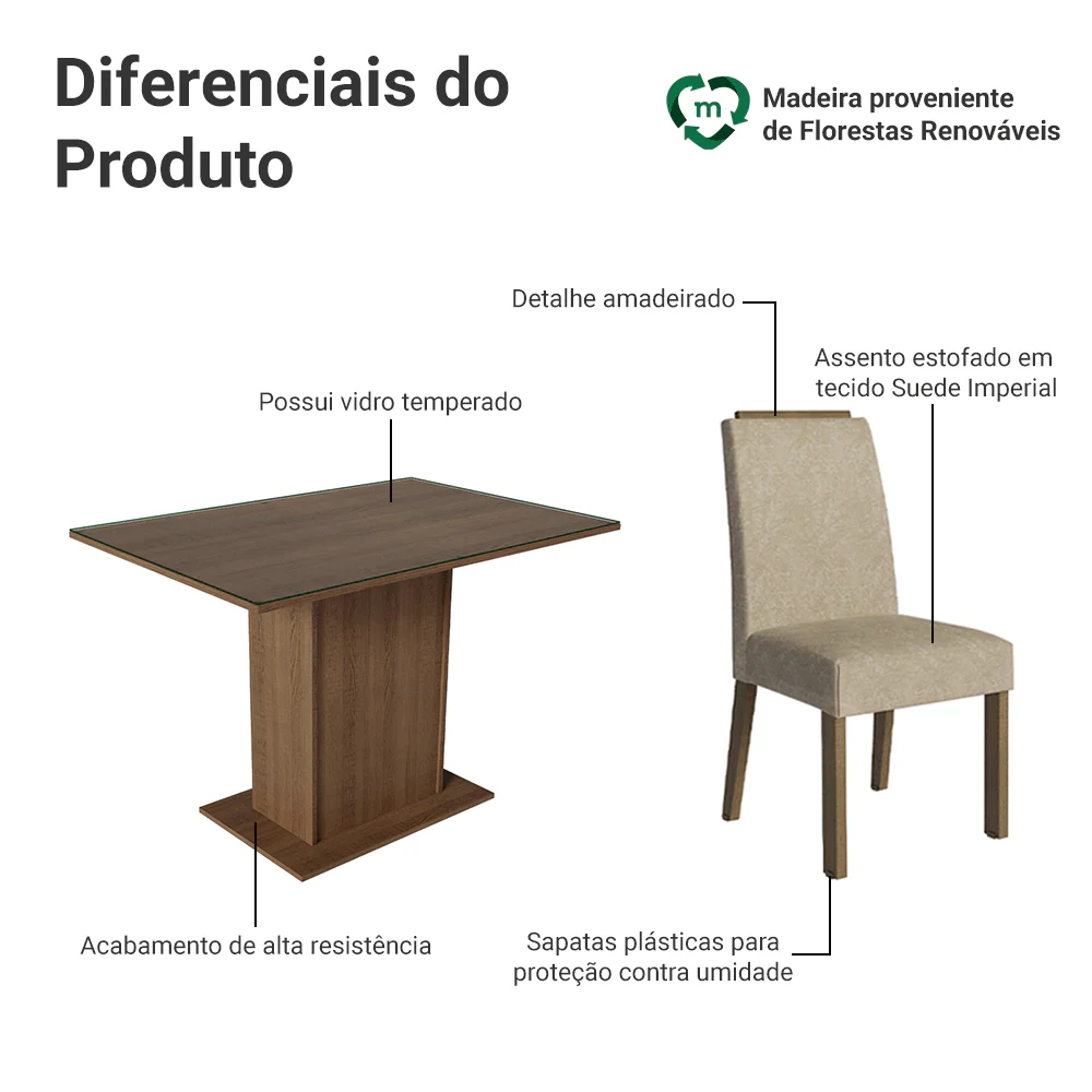 Conjunto Sala de Jantar Tampo de Vidro 4 Cadeiras Rustic/Imperial Jasmin Madesa - Image 4