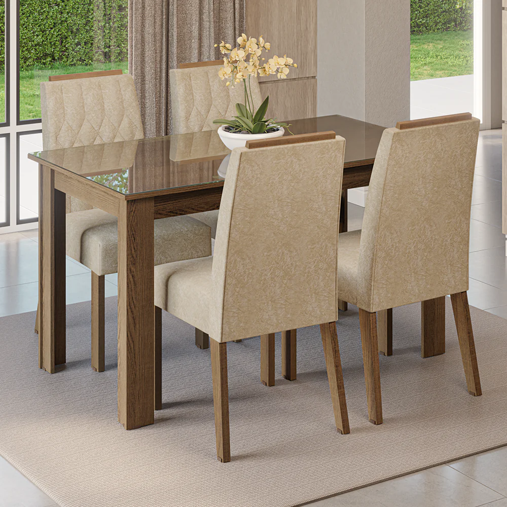 Conjunto Sala de Jantar Tampo de Vidro 4 Cadeiras Rustic/Imperial Pétala Madesa