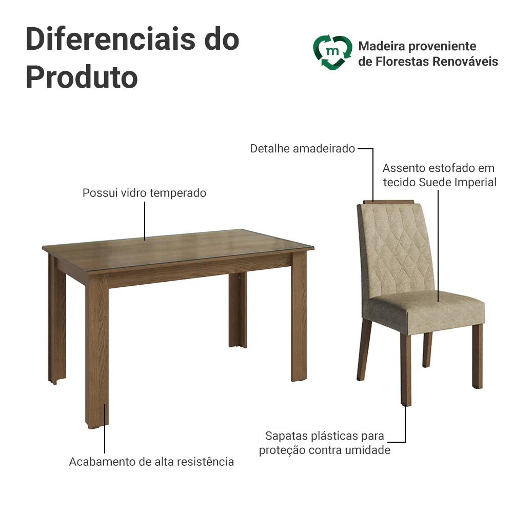 Conjunto Sala de Jantar Tampo de Vidro 4 Cadeiras Rustic/Imperial Pétala Madesa - Image 4