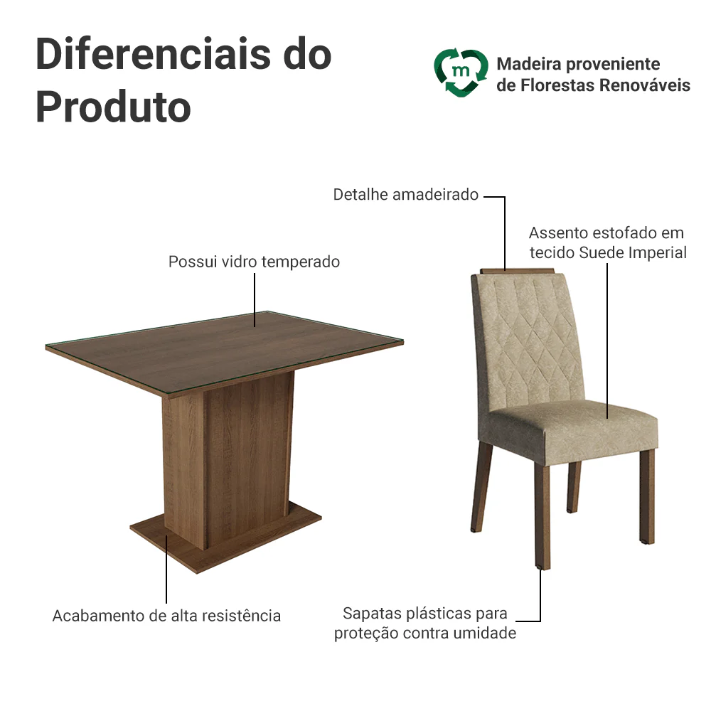 Conjunto Sala de Jantar Tampo de Vidro 4 Cadeiras Rustic/Imperial Pitanga Madesa - Image 4