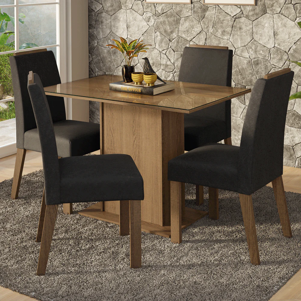 Conjunto Sala de Jantar Tampo de Vidro 4 Cadeiras Rustic/Oxford Jasmin Madesa