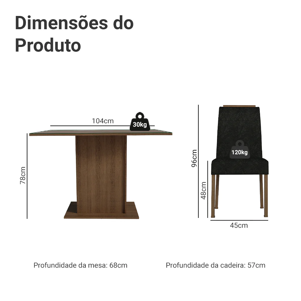 Conjunto Sala de Jantar Tampo de Vidro 4 Cadeiras Rustic/Oxford Jasmin Madesa - Image 3