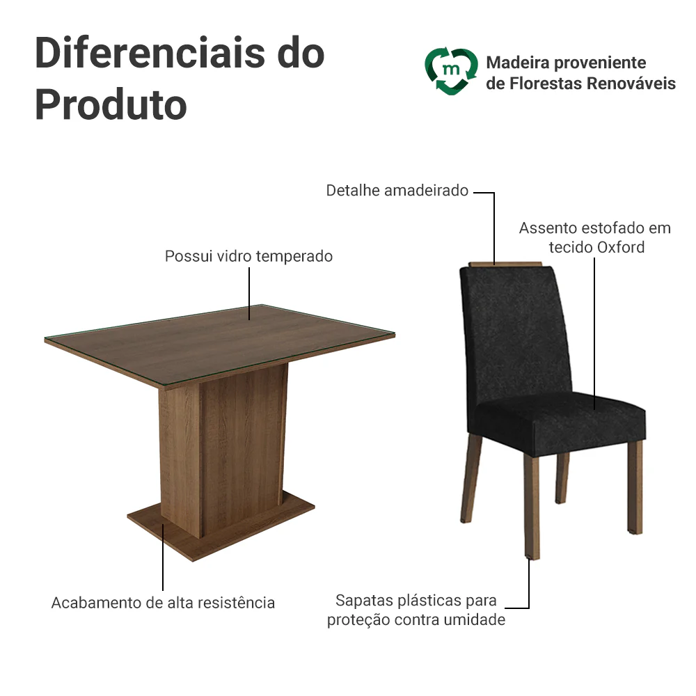 Conjunto Sala de Jantar Tampo de Vidro 4 Cadeiras Rustic/Oxford Jasmin Madesa - Image 4