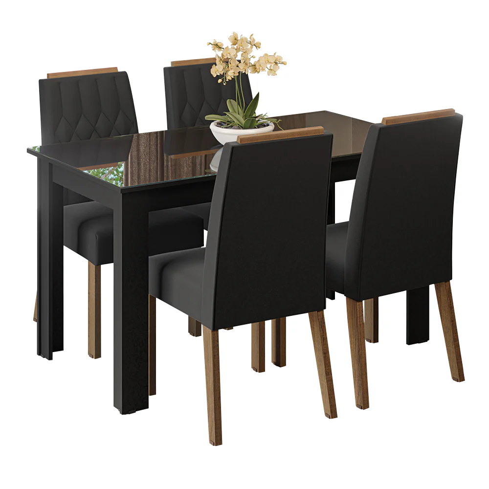 Conjunto Sala de Jantar Tampo de Vidro 4 Cadeiras Rustic/Preto/Oxford Pétala Madesa - Image 2