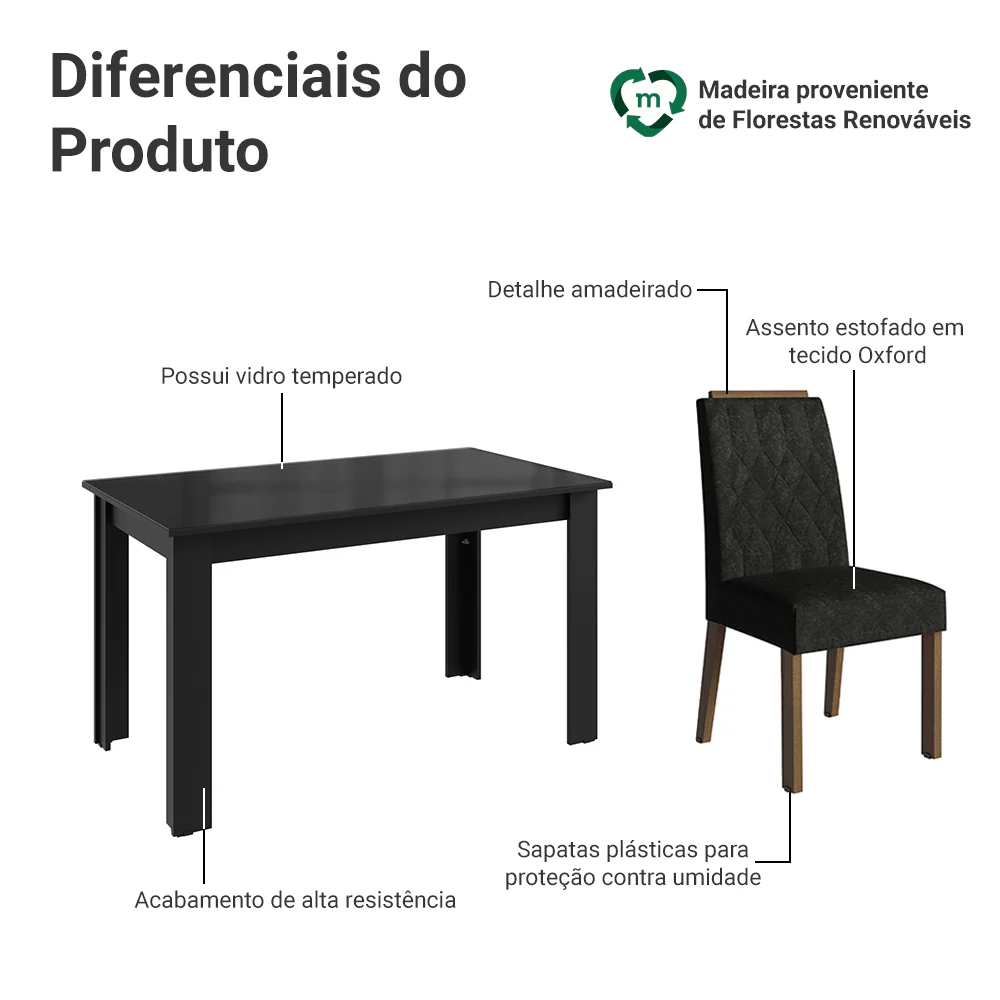 Conjunto Sala de Jantar Tampo de Vidro 4 Cadeiras Rustic/Preto/Oxford Pétala Madesa - Image 4