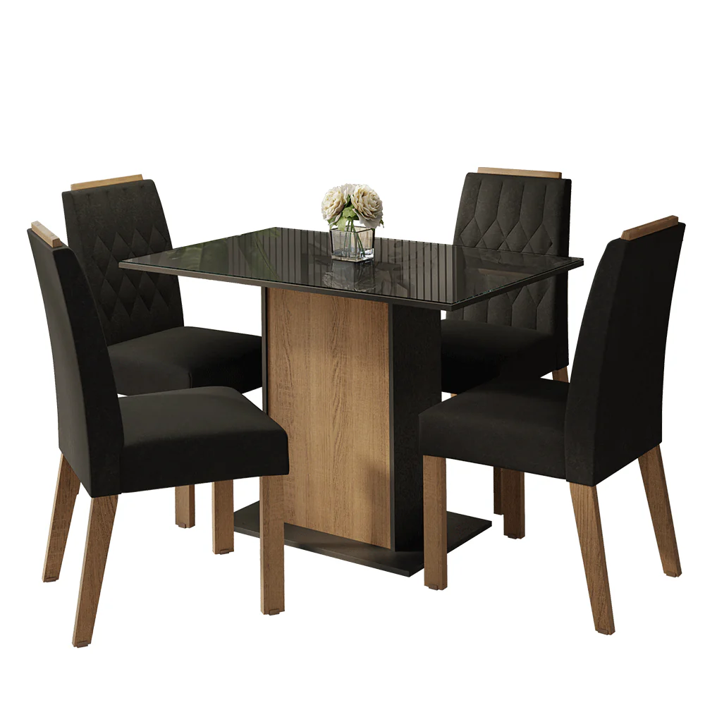 Conjunto Sala de Jantar Tampo de Vidro 4 Cadeiras Rustic/Preto/Oxford Pitanga Madesa - Image 2