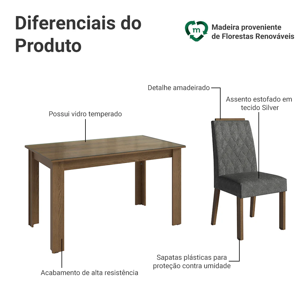 Conjunto Sala de Jantar Tampo de Vidro 4 Cadeiras Rustic/Silver Pétala Madesa - Image 4