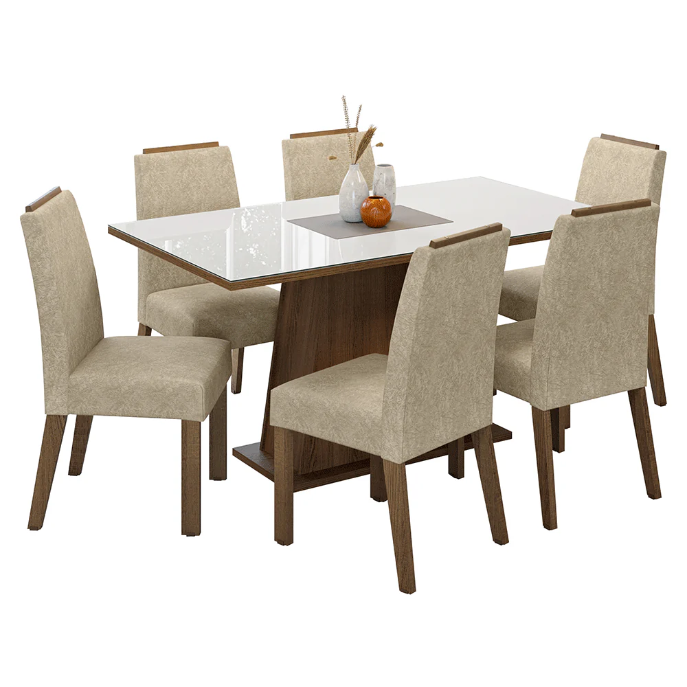 Conjunto Sala de Jantar Tampo de Vidro 6 Cadeiras Rustic/Branco/Imperial Tulipa Madesa - Image 2