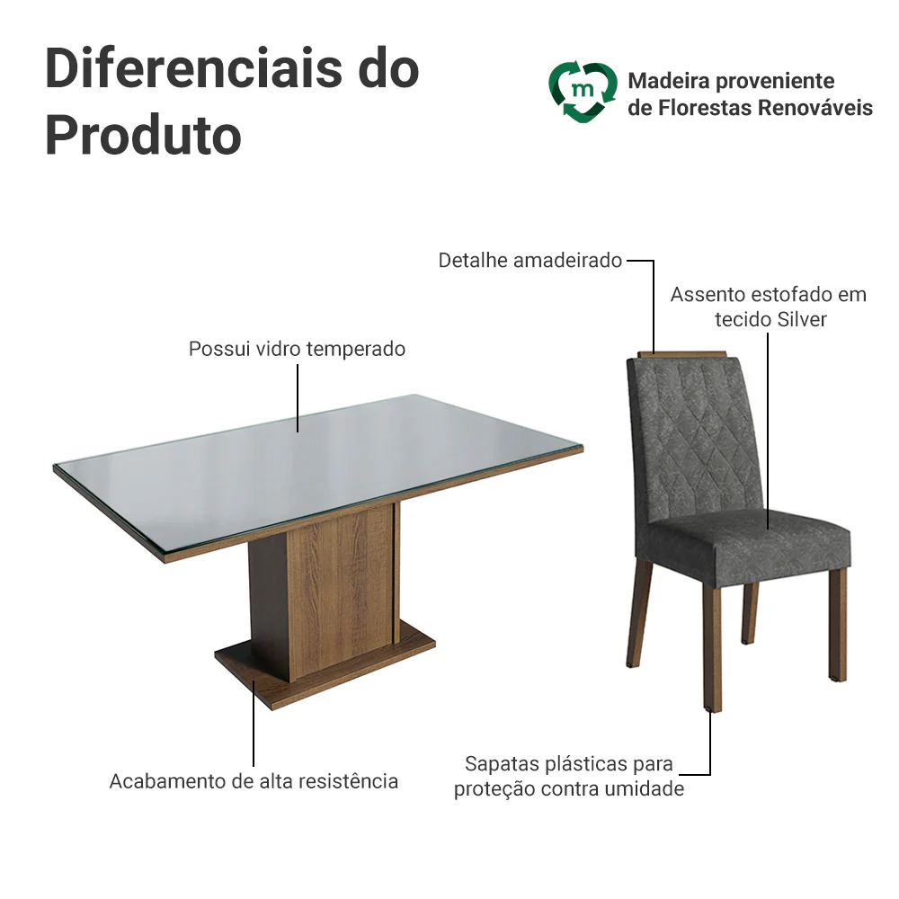Conjunto Sala de Jantar Tampo de Vidro 6 Cadeiras Rustic/Cinza/Silver Azaleia Madesa - Image 4