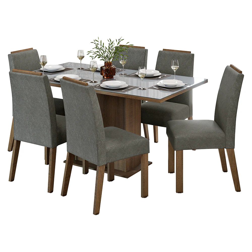 Conjunto Sala de Jantar Tampo de Vidro 6 Cadeiras Rustic/Cinza/Silver Dália Madesa - Image 2