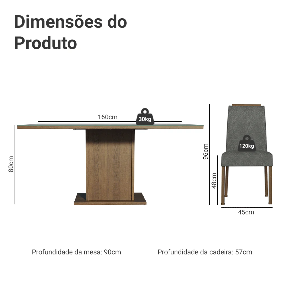 Conjunto Sala de Jantar Tampo de Vidro 6 Cadeiras Rustic/Cinza/Silver Dália Madesa - Image 3