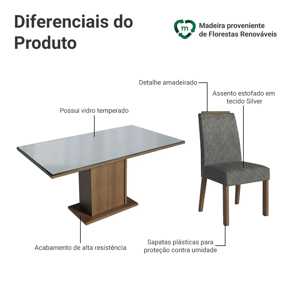 Conjunto Sala de Jantar Tampo de Vidro 6 Cadeiras Rustic/Cinza/Silver Dália Madesa - Image 4