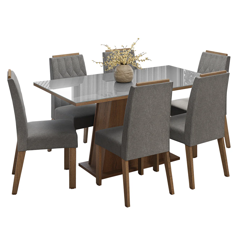 Conjunto Sala de Jantar Tampo de Vidro 6 Cadeiras Rustic/Cinza/Silver Peônia Madesa - Image 2