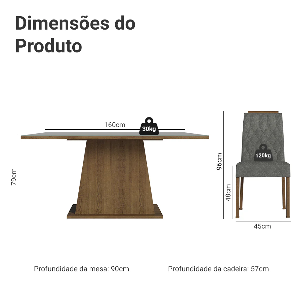 Conjunto Sala de Jantar Tampo de Vidro 6 Cadeiras Rustic/Cinza/Silver Peônia Madesa - Image 3