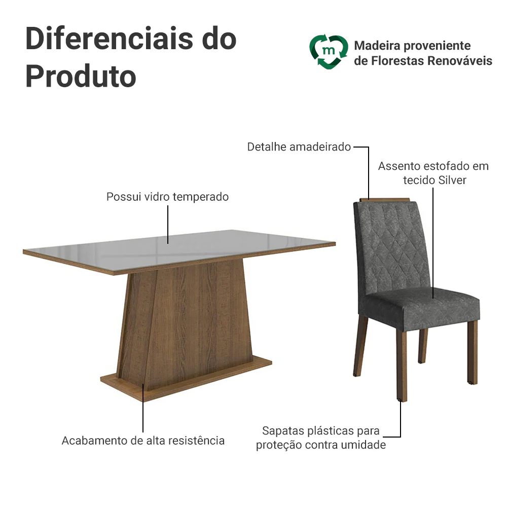 Conjunto Sala de Jantar Tampo de Vidro 6 Cadeiras Rustic/Cinza/Silver Peônia Madesa - Image 4