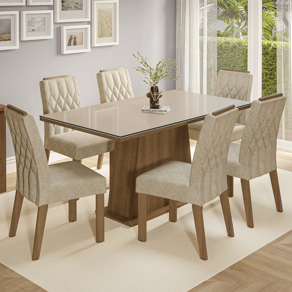 Conjunto Sala de Jantar Tampo de Vidro 6 Cadeiras Rustic/Crema/Imperial Avenca Madesa