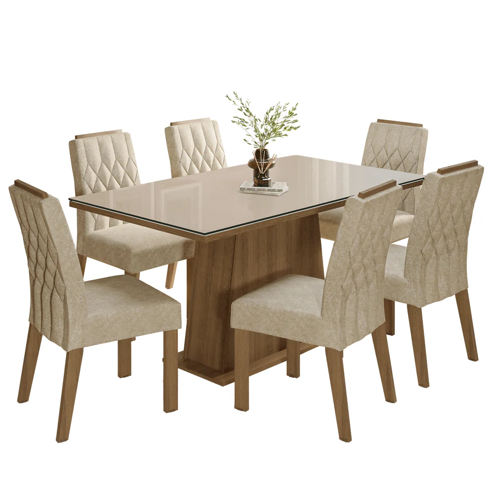Conjunto Sala de Jantar Tampo de Vidro 6 Cadeiras Rustic/Crema/Imperial Avenca Madesa - Image 2