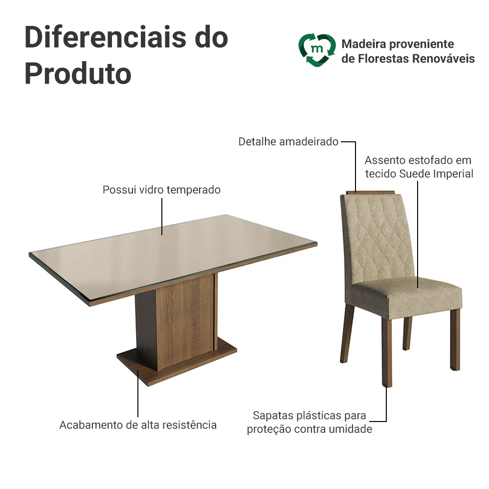 Conjunto Sala de Jantar Tampo de Vidro 6 Cadeiras Rustic/Crema/Imperial Azaleia Madesa - Image 4
